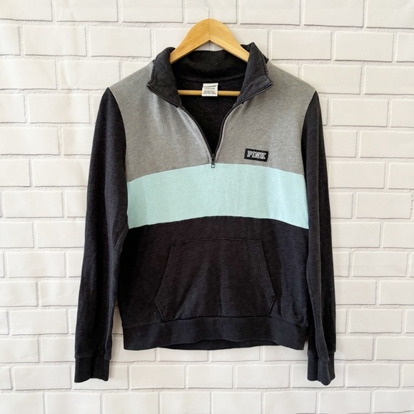 Victoria’s Secret Pink Sweater Size S Quarter Zip Colorblock Pullover Logo - Picture 1 of 7